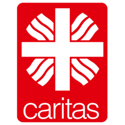 Weißes Kreuz mit Wellenlinien auf rotem Hintergrund über dem Wort caritas in weißen Kleinbuchstaben.