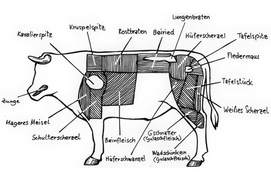 Diagram of a cow with labeled German names for different cuts of beef on its body.