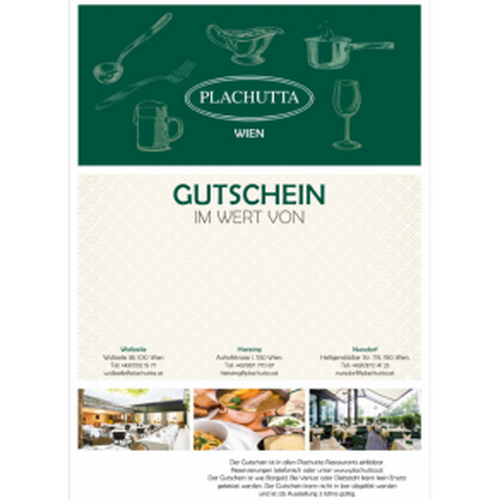 Geschenkgutschein für das Restaurant Plachutta Wien, mit Utensilien, Getränken und Bildern der Speisen, mit Wertfeldern zum Ausfüllen.