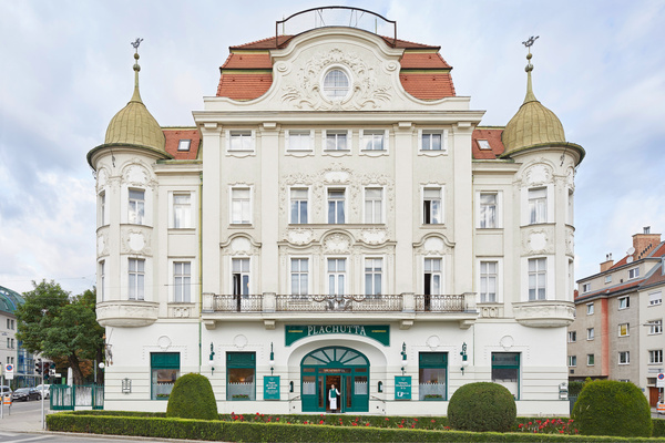 Line drawing of a modern house with large glass windows and a visible couch inside, surrounded by trees.