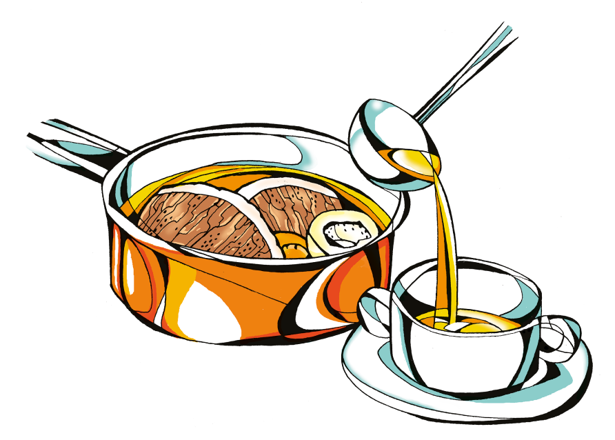Illustration of a broth being ladled from a pot of meat into a cup on a saucer.