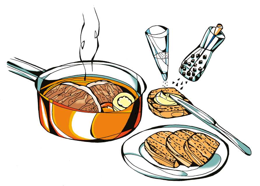 Picture of the soup in a pot, bread on a plate, a buttered slice and salt and pepper shakers.