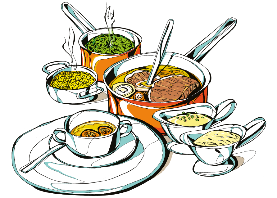 Illustration of a meal with soup, cold cuts, sauces, herbs and two bowls on a plate with a spoon.